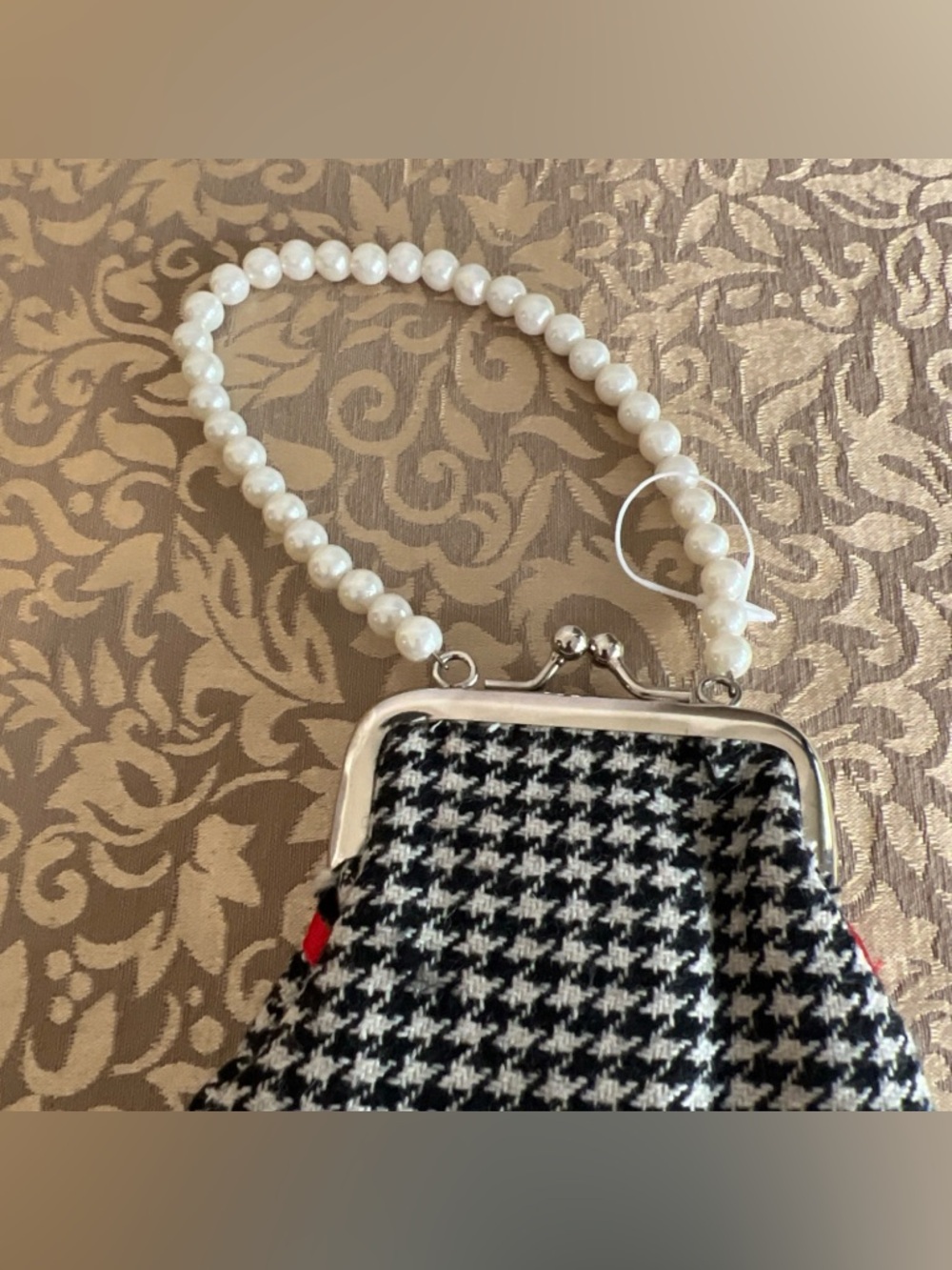Houndstooth Coin Purse With Faux Pearl Handle And Red Ribbon See Description - Picture 8 of 12